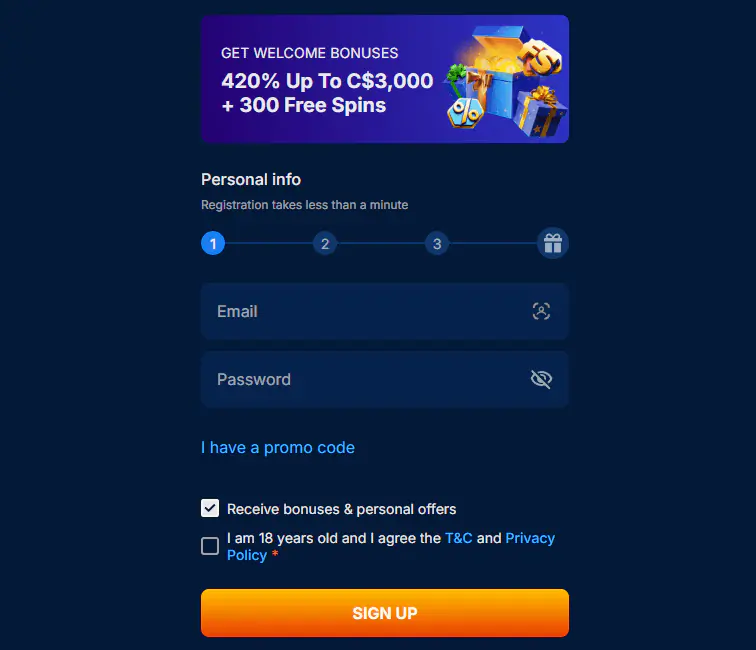 OnlyWin Casino Account Registration Form